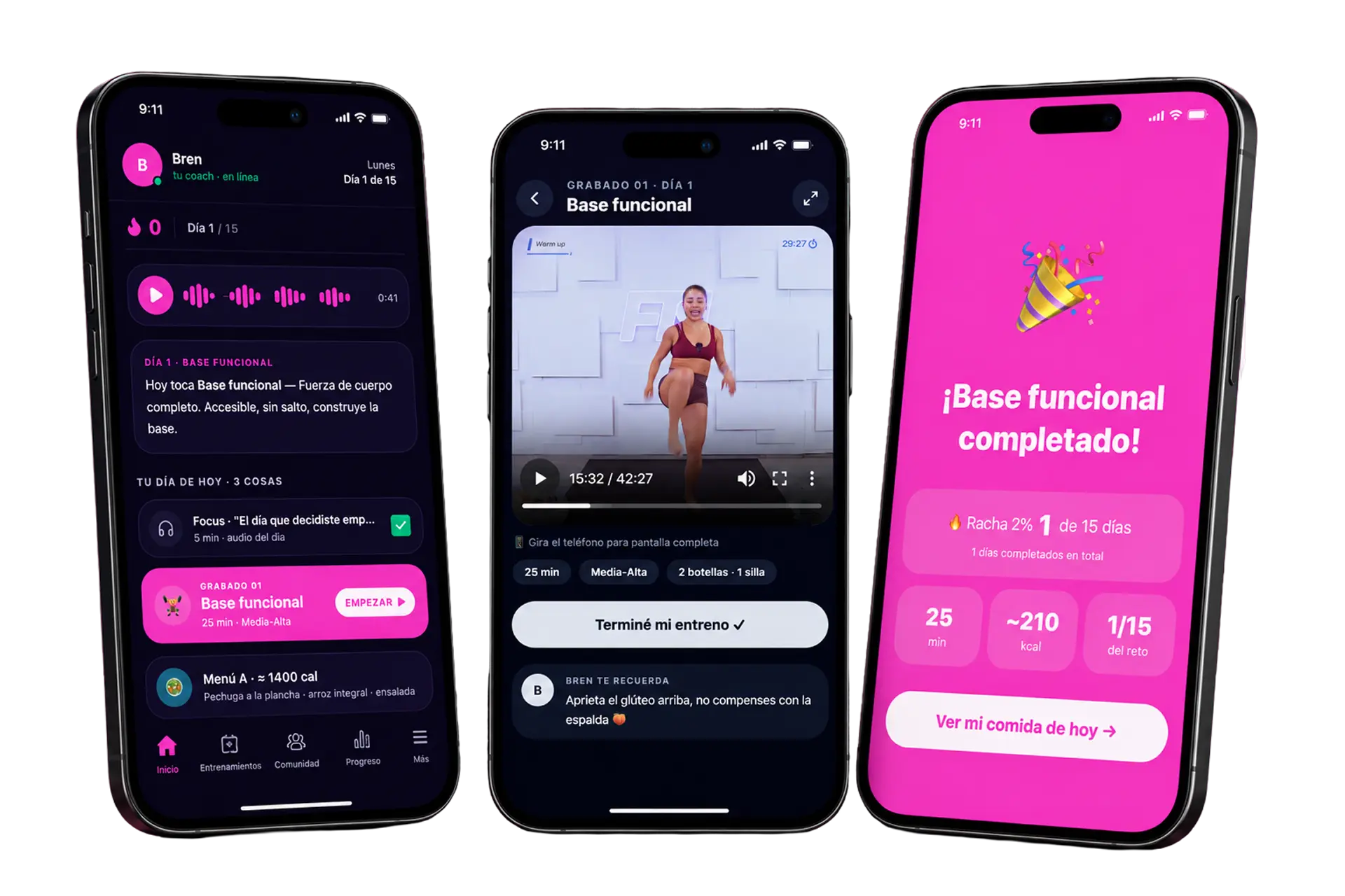 Vista previa de la app 911: pantalla del día, entreno en video y celebración