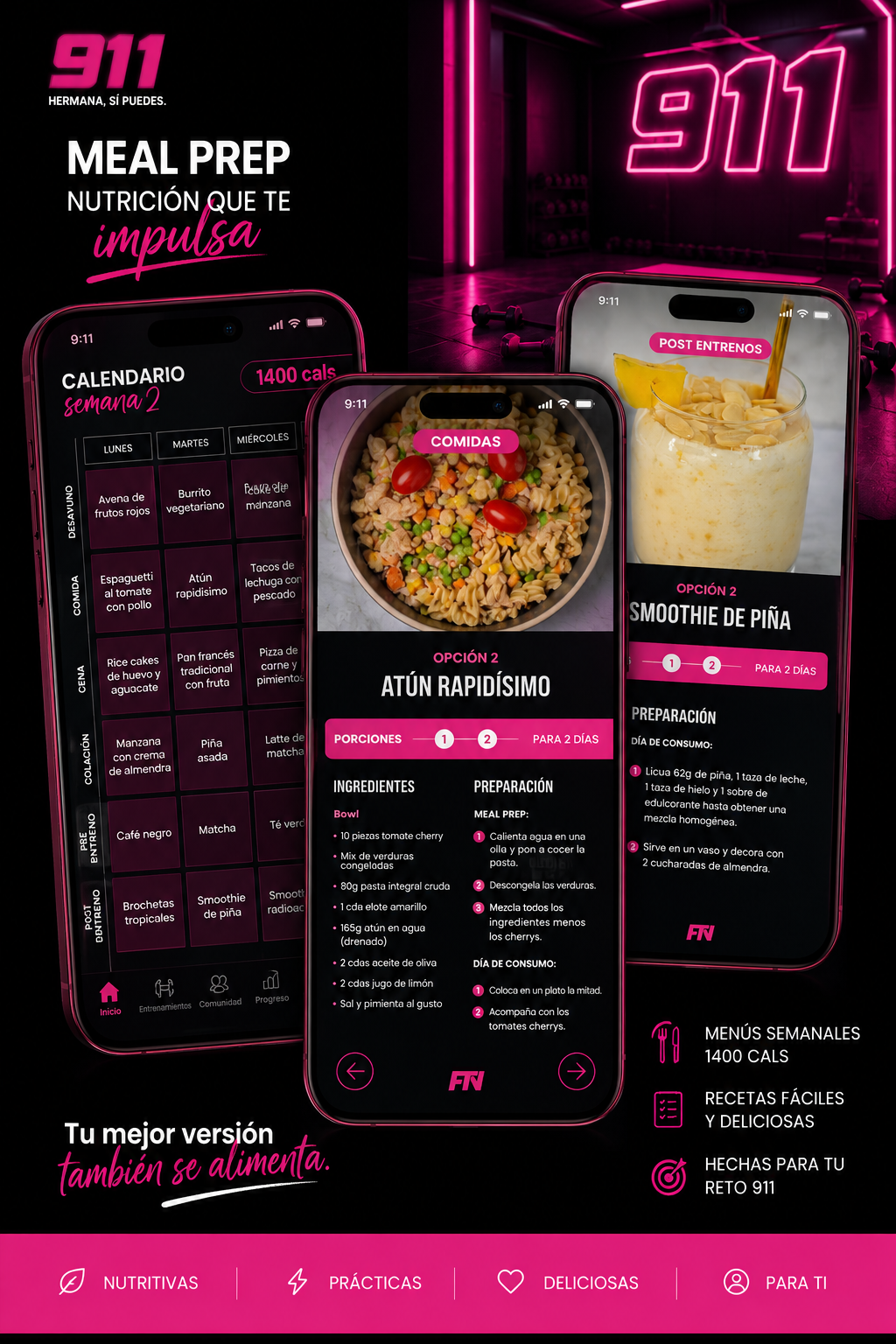 Vista previa de meal prep: calendario semanal, receta y smoothie post entreno