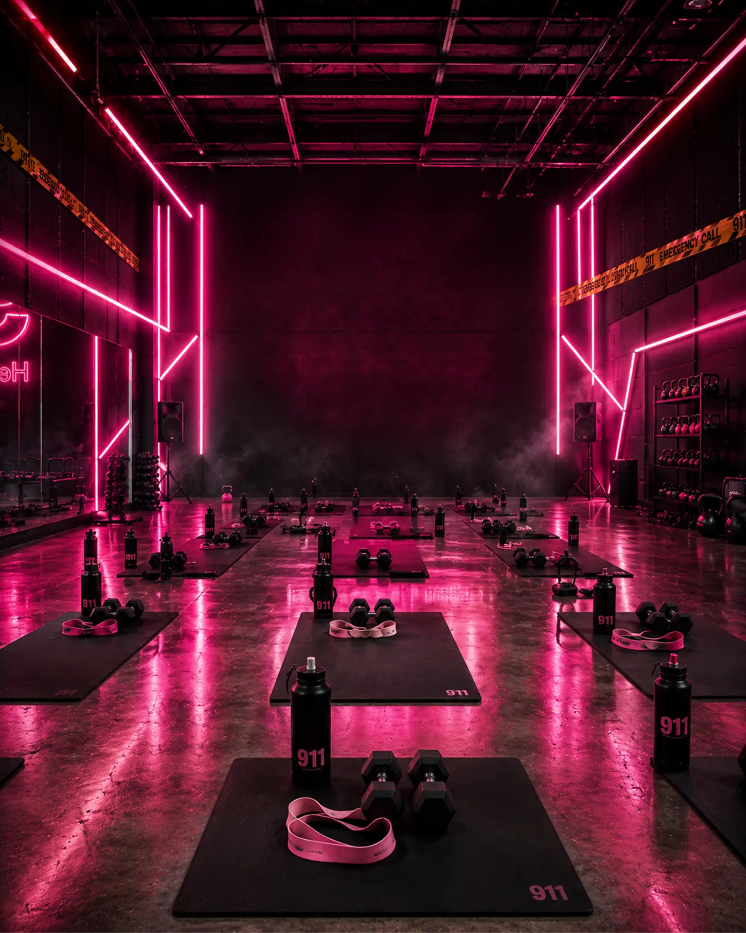 Sala de entrenamiento 911 con luces neón rosa